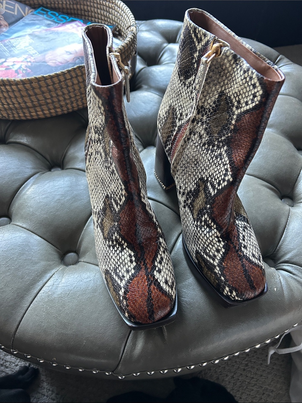 Tory Burch Snake-Print Ankle Boots in Brown and Cream